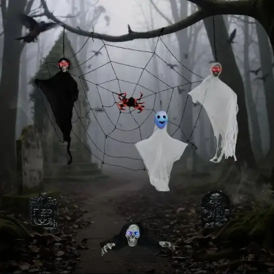 8-Piece Halloween Decoration Set with Swinging Ghosts, Crawling Skeleton, Gravestones, Giant Spider Web & LED Eyes &uml;C Indoor/Outdoor Spooky Yard image {6}