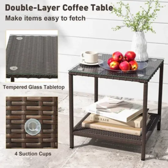 Costway 3 Piece Patio Rocking Set Wicker Rocking Chairs with 2-Tier Coffee Table Turquoise/Off White/Black image {7}