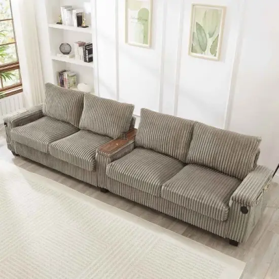 4-Seater Sofa Couch with Hidden Arm Storage, Sofa with USB Ports and Flip-Top Cup Holders, Corduroy Sofa with Plywood Frame-Cuddlewood image {9}