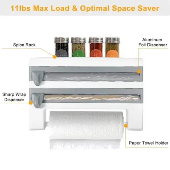 Racxily Kitchen Roll Dispenser Paper Roll Holder Plastic Wrap Film Foil Paper Organizer w/ Cutter Wall Mounted for Kitchen Bathroom image {3}