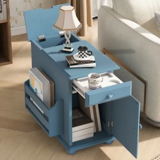 KWPZQEB Multifunctional Vintage End Table with USB Ports, Narrow Table with Drawer & Bookshelf, Flip Top Side Table for Living room, Small Space image {6}