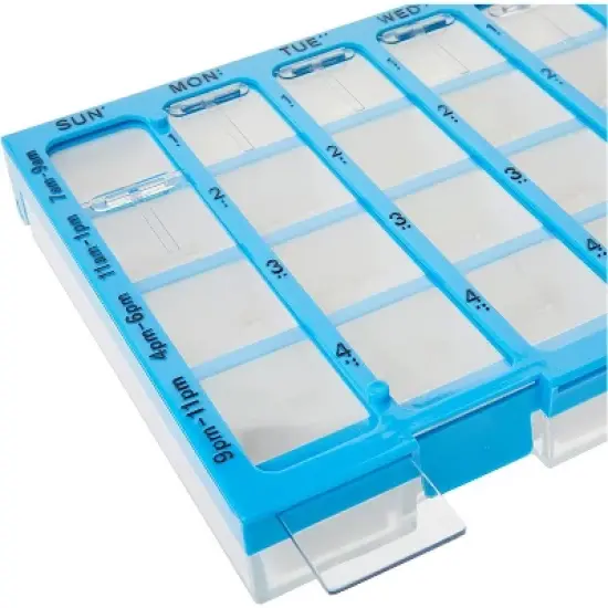 Ezy Dose Weekly (7-Day) Pharmadose Pill Organizer, Easy Fill Tray, 4 Times a Day, Blue (Large) image {1}