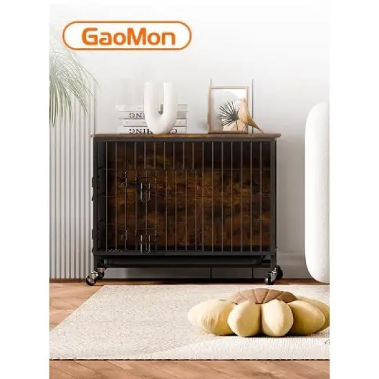 Dog Crate Furniture for Large Dogs - 38.6" Wooden Dog Kennel with Double Doors, Removable Tray, Wheels & Side End Table image {4}