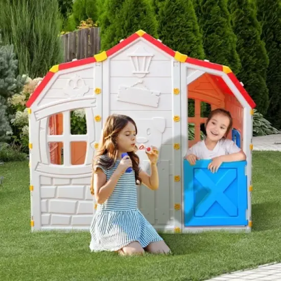 Costway Kids Playhouse Realistic Cottage Playhouse with Openable Windows & Working Door image {3}