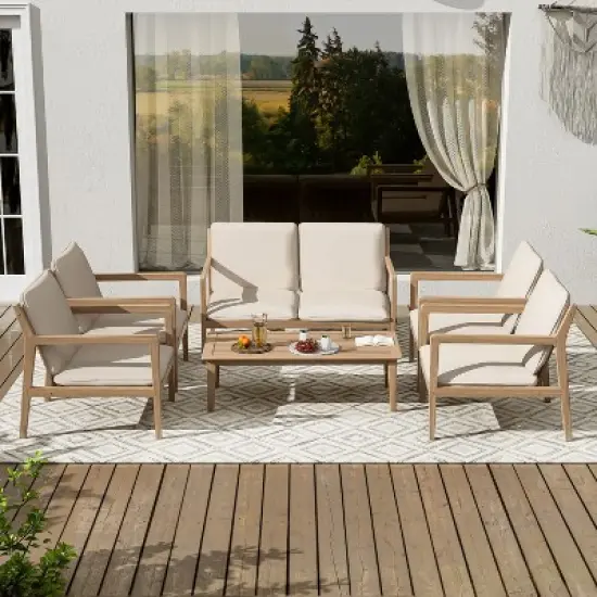 Christopher Knight Home Vanda Patio 6 Pieces Acacia Wood Open Slat Seating Set with Cushions image {9}