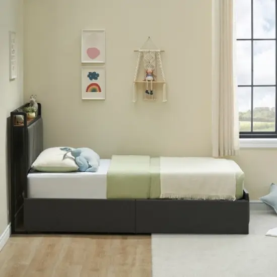 WhizMax Twin Size Bed Frame with 2 Storage Drawers and Charging Station, Rustic Linen Upholstered Platform Bedframe with Storage Headboard image {2}