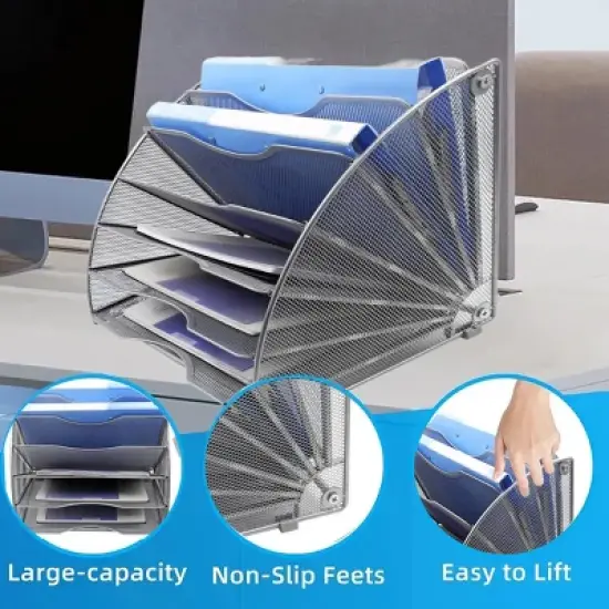 Aghana Digitals 6-Tier Fan-Shaped Metal Mesh File Organizer, Black/Silver, 10.5x10.5x13.5 Inch image {2}