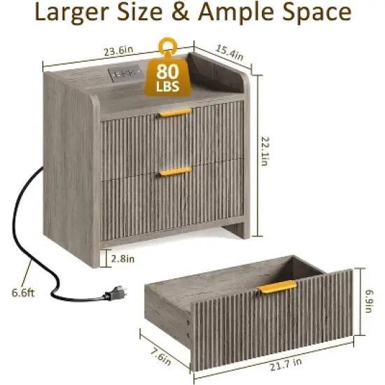 Boersma Fluted Nightstand Set of 2, 23" Modern Night Stand with Charging Station,Side Table with 2 Drawers,End Table with Storage,Farmhouse Sofa image {6}