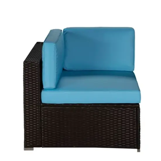 6pc Outdoor Rattan Wicker Conversation Set with Cushions - Brown/Blue - GODEER image {4}