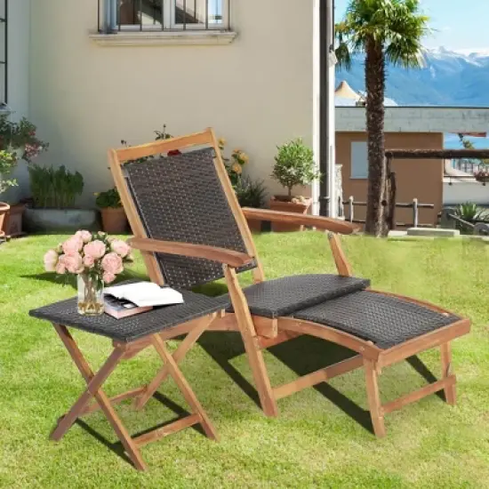 Costway 4PCS Patio Rattan Folding Lounge Chair Table Acacia Wood withRetractable Footrest image {2}