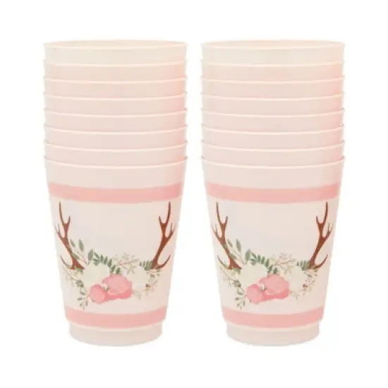 Sparkle and Bash 16 Pack Pink Plastic Floral Tumbler Cups for Oh Deer Girl Baby Shower (16 oz) image {2}