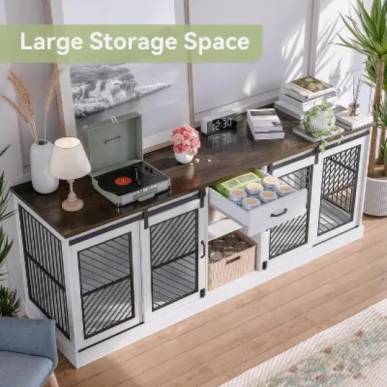 ALAULM Large Pet Crate Furniture,  Versatile Modern Design Dog Kennel, Indoor-Style Dog Cage for 2 Pets, Wooden TV Stand with Divider & Drawer Storage image {1}