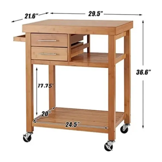EROMMY Multipurpose Rolling Bamboo Wood Kitchen Island Trolley Cart with 2 Drawers, Open Storage Shelves, Towel Rack, and Locking Wheels, Natural image {4}