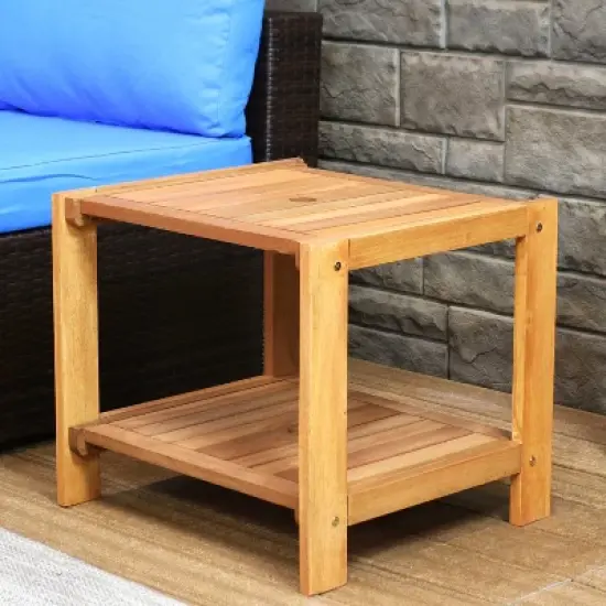 Sunnydaze Outdoor Meranti Wood with Teak Oil Finish Wooden Patio Accent Side Table with Lower Shelf - 20" - Brown image {7}