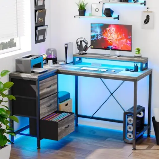 43 Inch Computer Desk, L Shaped Desk with Power Outlets and Led Lights, 3-Drawer Gaming Desk with Storage Shelves and Monitor Stand image {8}