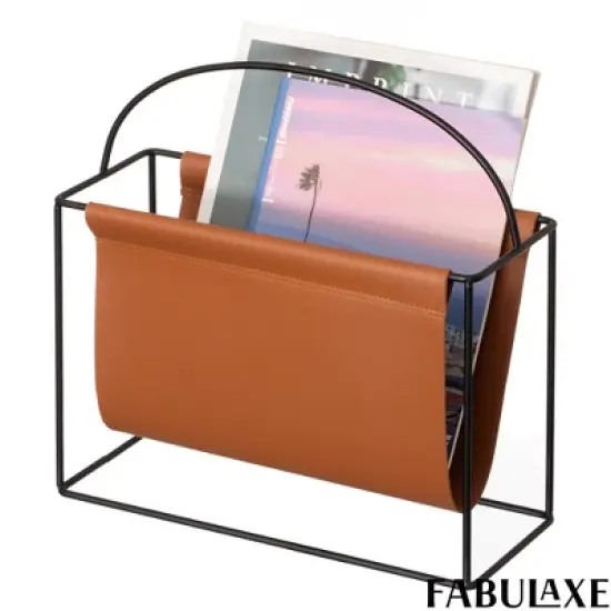 Fabulaxe Gold-Tone Metal Magazine Rack with Brown Faux Leather Sling Freestanding Organizer for Magazines Newspapers & Files image {8}