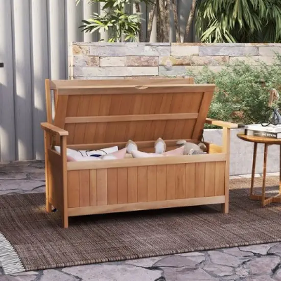 Costway 48 Inch Patio Storage Bench Wood Loveseat with Slatted Backrest for Backyard image {4}
