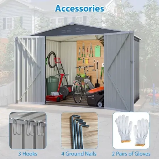 8 x 6 FT Outdoor Waterproof Garden Tool Storage Sheds with Metal Foundation with Floor Frame,with Lockable Doors & Air Vents, for Backyard, Lawn, Gray image {5}