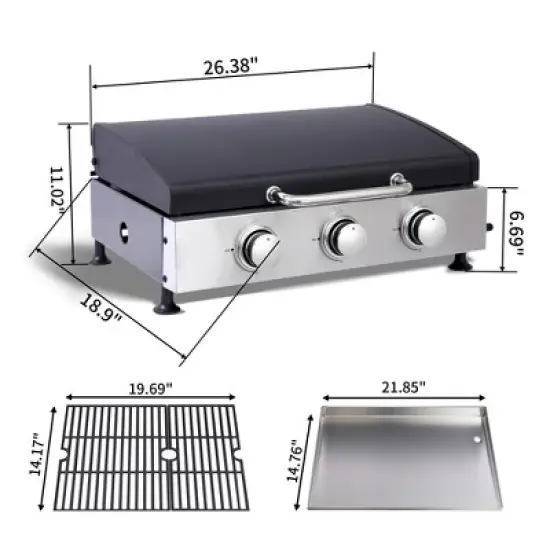 3-Burner Gas Grill with Teppanyaki Plate, Cast Iron Grids, Stainless Steel Plancha, Pull-Out Grease Tray, 28,680 BTU Outdoor BBQ Station image {1}