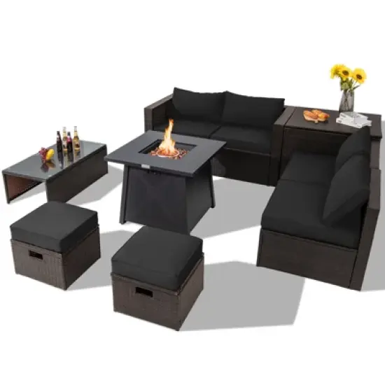 Tangkula 9PCS Outdoor Patio Furniture Set with 30" Propane Fire Pit Table PE Wicker Space-Saving Sectional Sofa Set w/ Storage Box & Cushions image {10}
