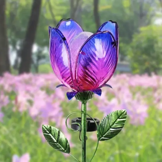 35.8" Metal and Glass Solar Flower Stake Purple - Exhart image {2}
