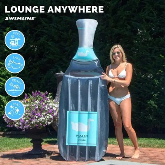 Swimline 90650 Giant 86" Inflatable Prosecco Bottle Swimming Pool Float or Lake Water Raft Lounger with Headrest for 1 Person, Gray and Blue image {4}
