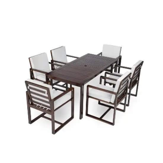 Whisen 7-Piece Wooden Patio Dining Set & Outdoor Dining Table and Chair Set with Removable Cushions and Built-in Umbrellla Hole image {5}