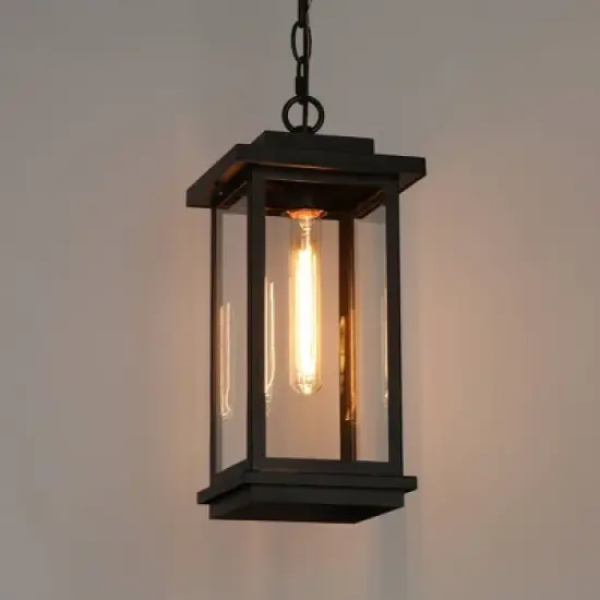 LNC 15" Square Cage Modern Outdoor Pendant Lamp Matte Black: Weather-Resistant, Glass Shade, E26 Socket, 60W image {6}