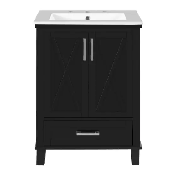 Whisen 24" Bathroom Vanity with Single Sink, Solid Wood/MDF Frame, 2 Soft-Close Doors & 1 Divided Drawer with Storage Shelves image {8}