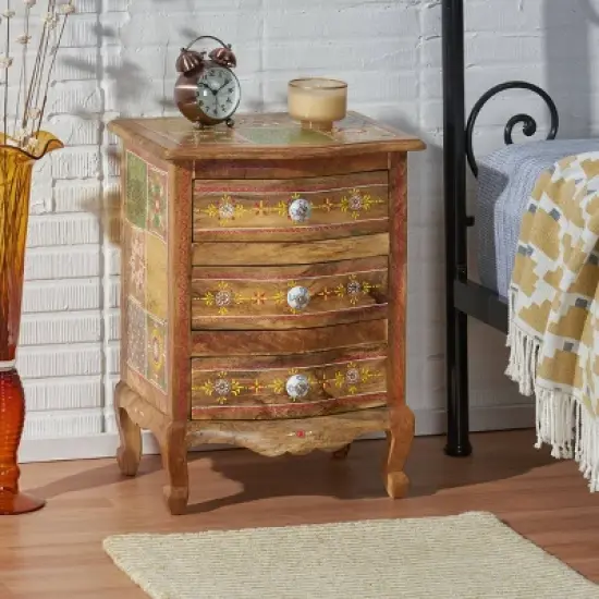 Ailey Handcrafted Boho Mango Wood 3 Drawer Nightstand Natural - Christopher Knight Home image {1}