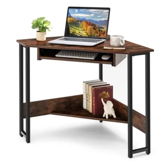 Costway Triangle Corner Computer Desk Small Space Study Desk Home Office w/Keyboard Tray image {9}