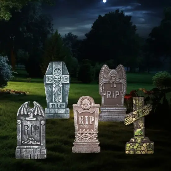 Joyfy 5pcs 17" Halloween Foam RIP Graveyard Tombstones with 12 Metal Stakes, Halloween Tombstones Cemetery Decorations for Haunted House Yard Lawn image {7}