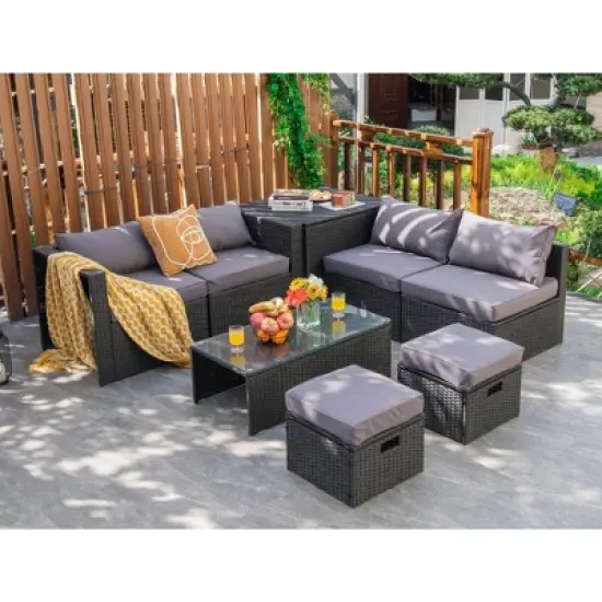 Costway 8PCS Patio Rattan Furniture Set Storage Table Ottoman cover image {12}