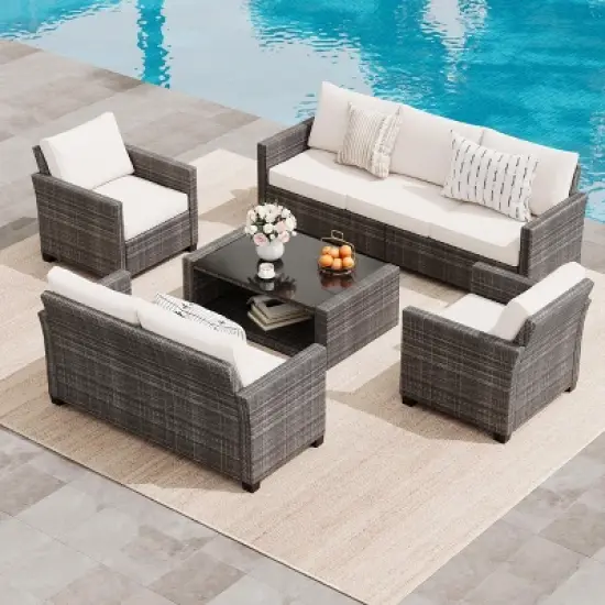 Garvee 5 Pieces Patio Furniture Sets All Weather Outdoor Sectional Patio Sofa, Wicker Rattan Patio Seating Sofas with Cushion and Glass Table, Gray image {2}