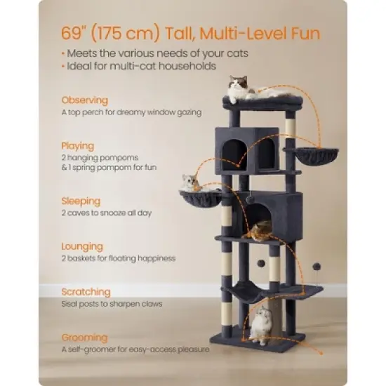 Feandrea Cat Tree, 69-Inch Tall Cat Tower for Indoor Cats, Multi-Level Cat Condo with 2 Caves, 2 Baskets, 5 Scratching Posts, Self-Groomer image {2}