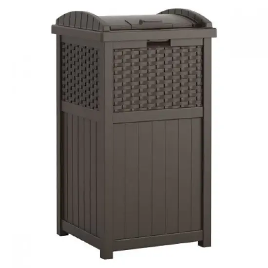 Suncast Trash Hideaway Resin Wicker Style Garbage Bin & 99 Gallon Deck Box, Java image {1}
