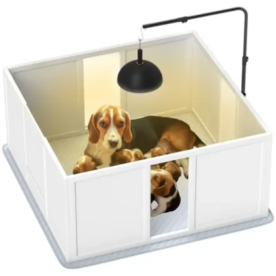 PawHut Whelping Box for Dogs with Retractable Light Stand, Washable Waterproof Pee Pad & Adjustable Door for Medium to Small Dogs image {6}