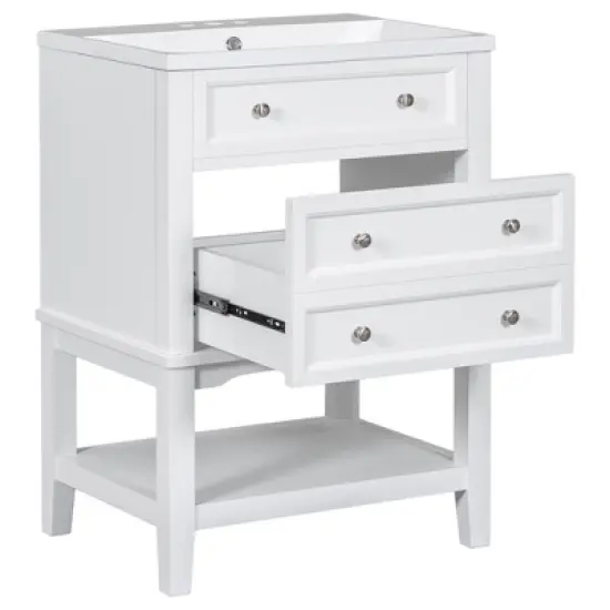 24" Free Standing Bathroom Vanity With Ceramic Sink Drawer Open Shelf Ample Storage Space Easy Assembly, White image {7}