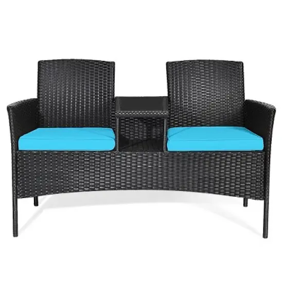 Tangkula Outdoor Rattan Furniture Wicker Patio Conversation Chair W/Cushions Turquoise image {6}