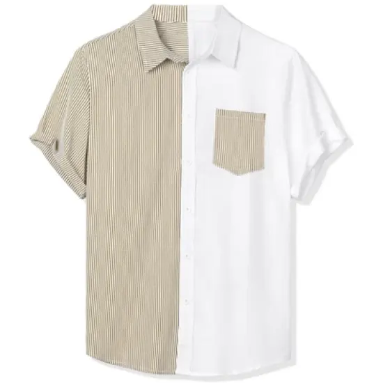 Lars Amadeus Men's Short Sleeve Button Down Shirt Summer Cotton Patchwork Collared Shirt image {9}