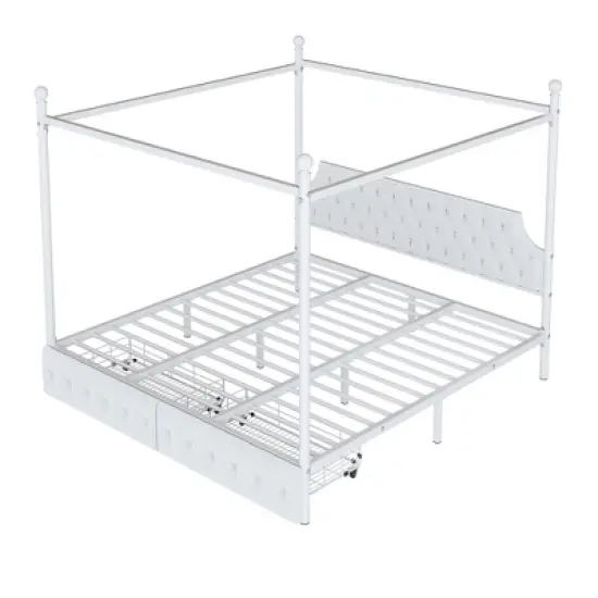 King/Queen Size Metal Canopy Platform Bed Frame with Upholstered Headboard and Two Storage Drawers, White -ModernLuxe image {8}