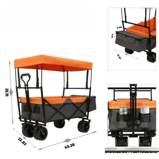 DSVIMOY Collapsible Wagon with Canopy, Wagon Stroller, Foldable Wagon for Camping, and Garden Use, Orange, 45.28"*22.83"*38.78" image {2}
