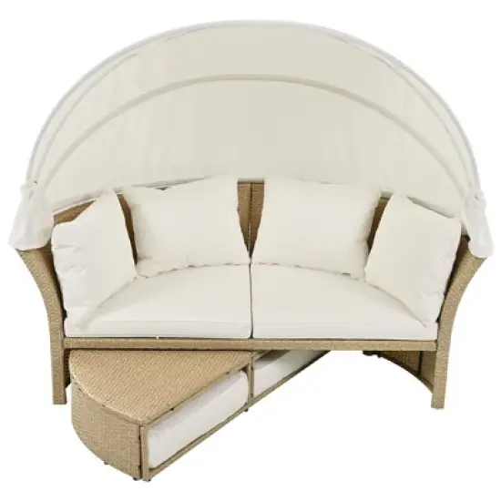 Outdoor Patio Rattan Daybed, Round Wicker Double Daybed Sofa with Retractable Canopy and 4 Pillows 4M -ModernLuxe image {8}
