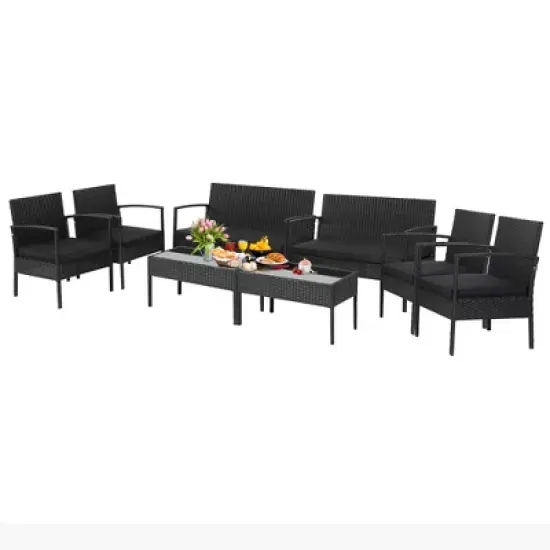 Costway 8 PCS Patio Rattan Furniture Set Cushioned Sofa Armrest Garden Black image {1}