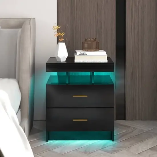 Costway LED Nightstand Set of 1/2 with 2 Storage Drawers Adjustable Light Mode Remote Control image {1}