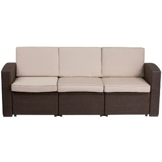 Emma and Oliver Chocolate Brown Faux Rattan Sofa with Beige Cushions image {7}