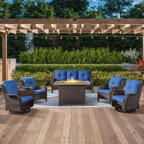 POCASSY 6-Piece Outdoor Furniture Set with Fire Pit Table, All Weather Wicker Outdoor Conversation Set Patio Sofa Set with Swivel Chairs and Fire Pit image {16}