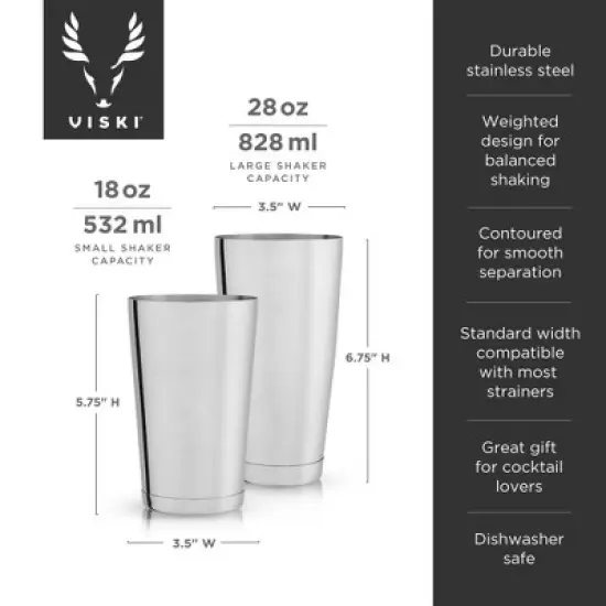 Viski Stainless Steel Shaker Tins, Set of 2 Boston Shaker Tins, Cocktail Shaker Set, 28 Oz & 18 Oz image {2}