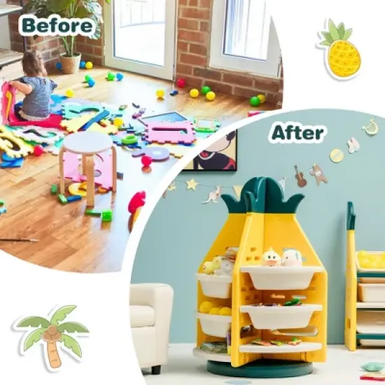 Costway Kids Toy Storage Organizer 360&deg; Revolving Pineapple Shelf w/Plastic Bins image {8}