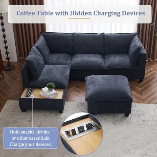 Whisen 90" U-shaped Sectional Sofa Modular Sofa Couch with a Movable Ottoman , a Coffee Table with Hidden Charging Devices image {5}